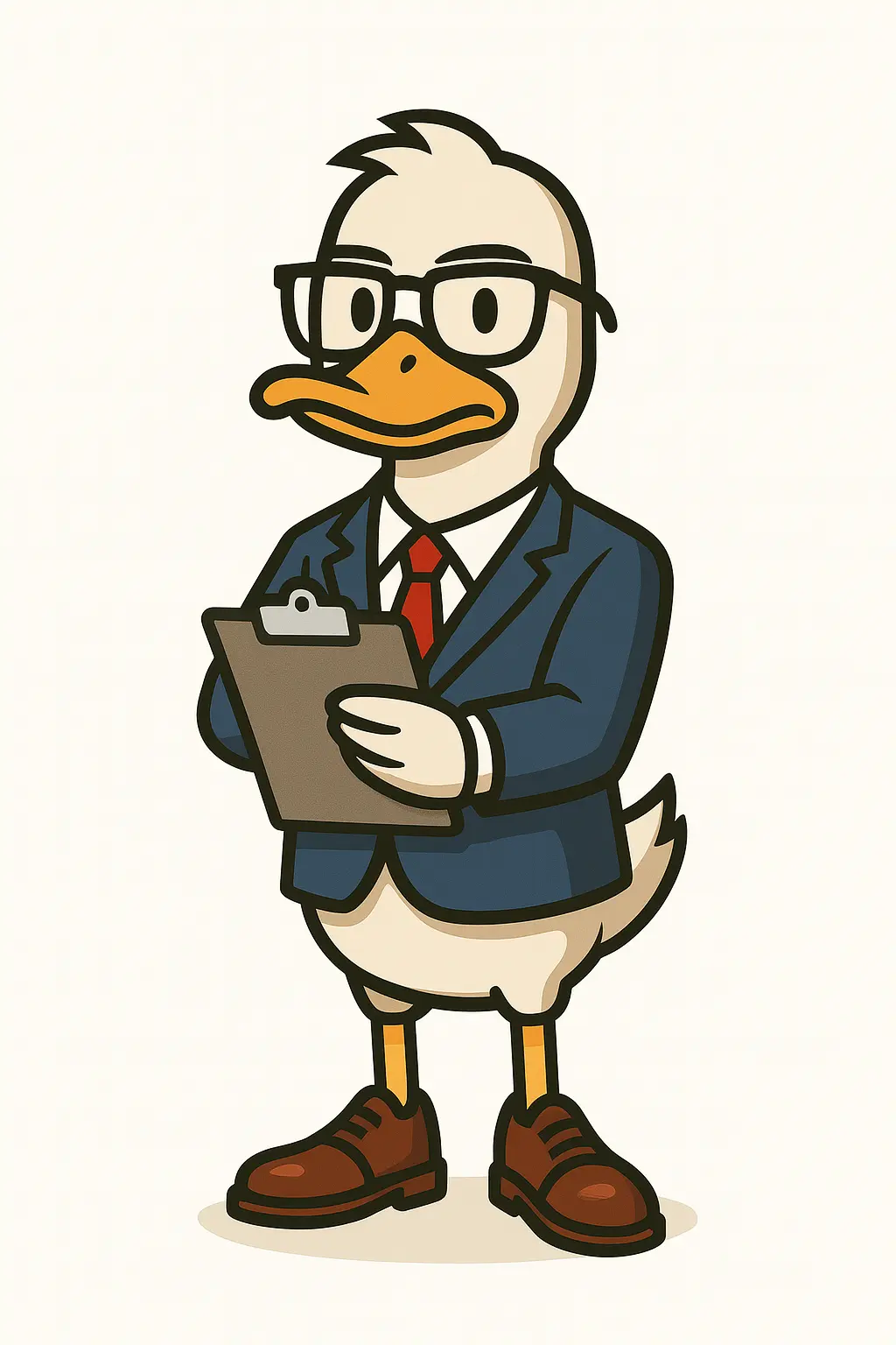 Don Cuac, el contador de Patipay, con saco azul, lentes y clipboard